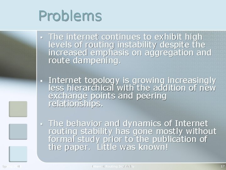 Problems Spring 2006 § The internet continues to exhibit high levels of routing instability