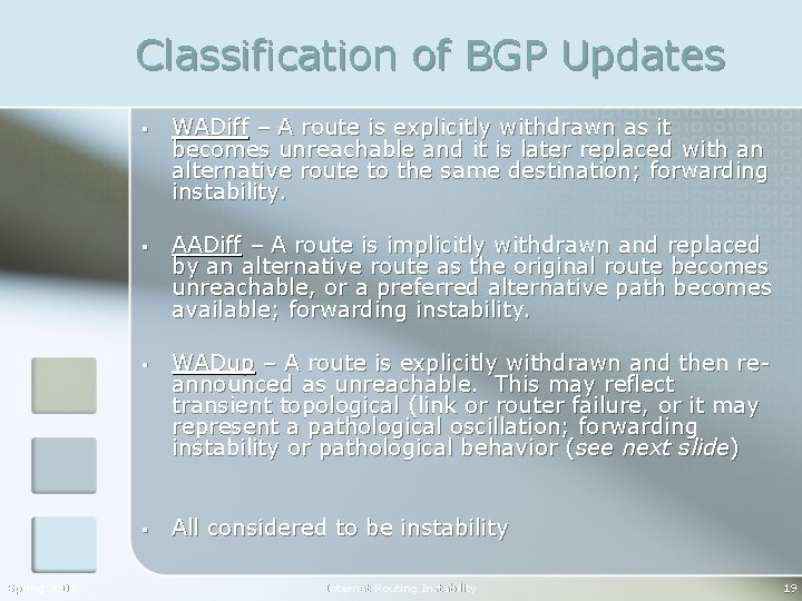 Classification of BGP Updates Spring 2006 § WADiff – A route is explicitly withdrawn