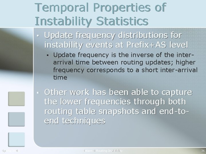Temporal Properties of Instability Statistics § Update frequency distributions for instability events at Prefix+AS