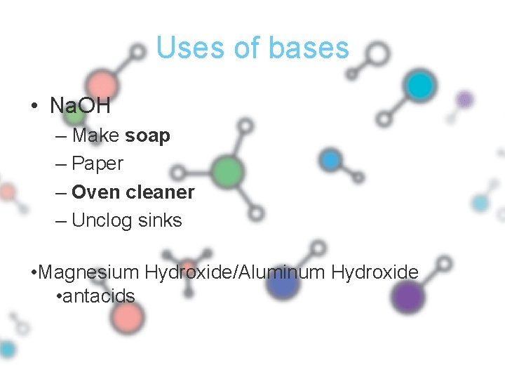 Uses of bases • Na. OH – Make soap – Paper – Oven cleaner