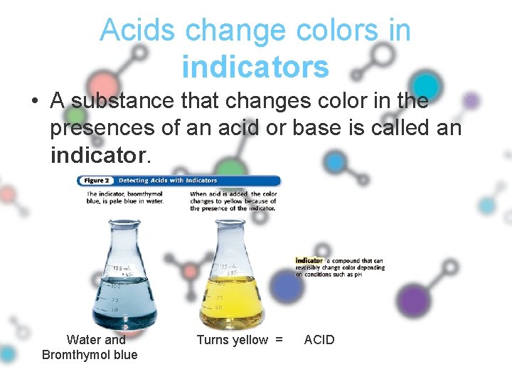 Acids change colors in indicators • A substance that changes color in the presences
