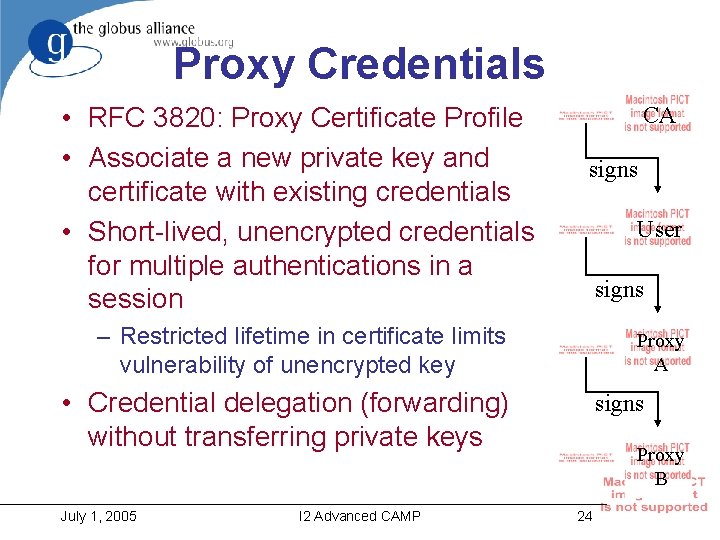 Proxy Credentials • RFC 3820: Proxy Certificate Profile • Associate a new private key