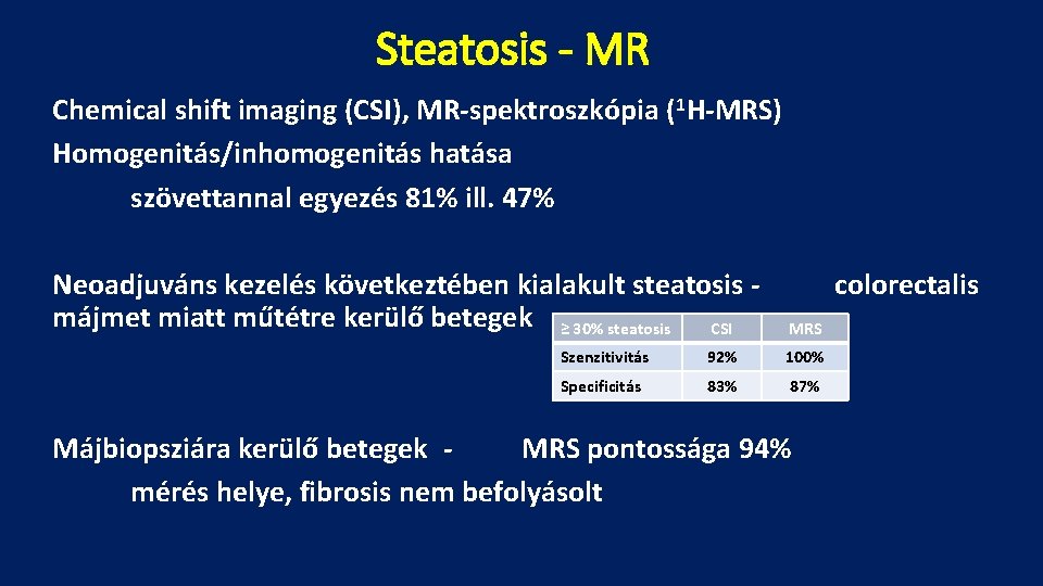 Steatosis - MR Chemical shift imaging (CSI), MR-spektroszkópia (1 H-MRS) Homogenitás/inhomogenitás hatása szövettannal egyezés