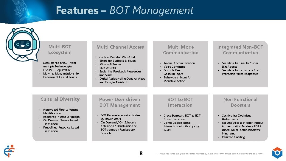 Features – BOT Management Multi BOT Ecosystem • Coexistence of BOT from multiple Technologies