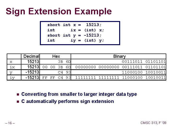 Sign Extension Example short int x = 15213; int ix = (int) x; short