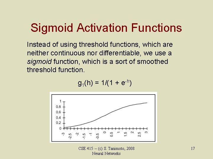 Sigmoid Activation Functions Instead of using threshold functions, which are neither continuous nor differentiable,