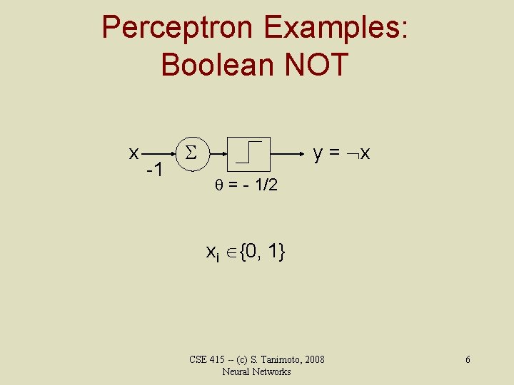 Perceptron Examples: Boolean NOT x -1 y = x = - 1/2 xi {0,