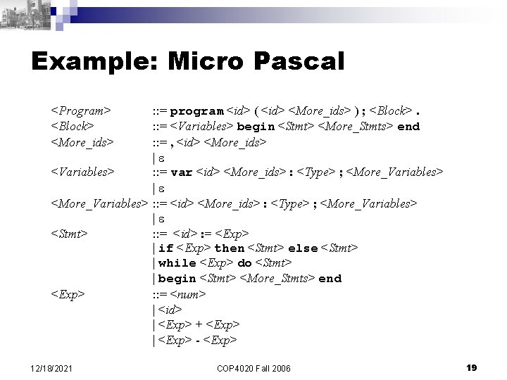 Example: Micro Pascal <Program> <Block> <More_ids> : : = program <id> ( <id> <More_ids> Example: Micro Pascal <Program> <Block> <More_ids> : : = program <id> ( <id> <More_ids>
