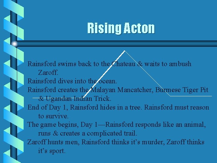 Rising Acton Rainsford swims back to the Chateau & waits to ambush Zaroff. Rainsford