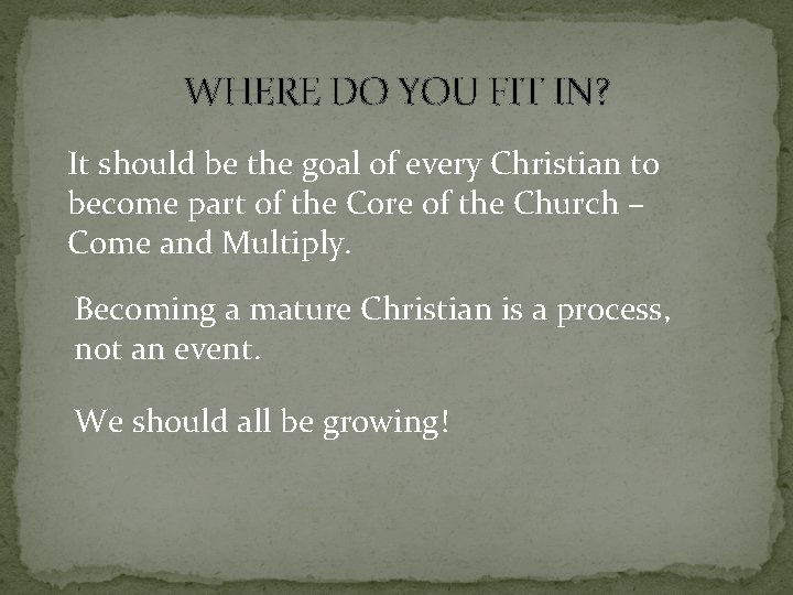 WHERE DO YOU FIT IN? It should be the goal of every Christian to