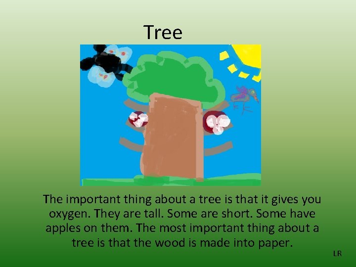 Tree The important thing about a tree is that it gives you oxygen. They