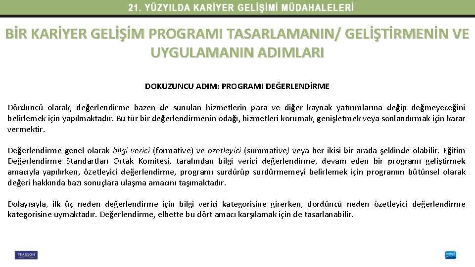 BİR KARİYER GELİŞİM PROGRAMI TASARLAMANIN/ GELİŞTİRMENİN VE UYGULAMANIN ADIMLARI DOKUZUNCU ADIM: PROGRAMI DEĞERLENDİRME Dördüncü