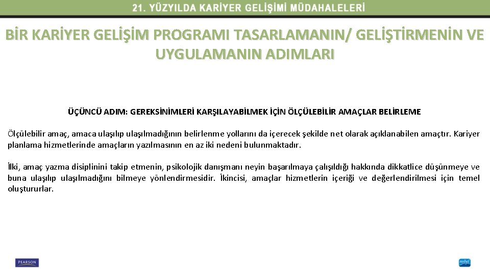 BİR KARİYER GELİŞİM PROGRAMI TASARLAMANIN/ GELİŞTİRMENİN VE UYGULAMANIN ADIMLARI ÜÇÜNCÜ ADIM: GEREKSİNİMLERİ KARŞILAYABİLMEK İÇİN