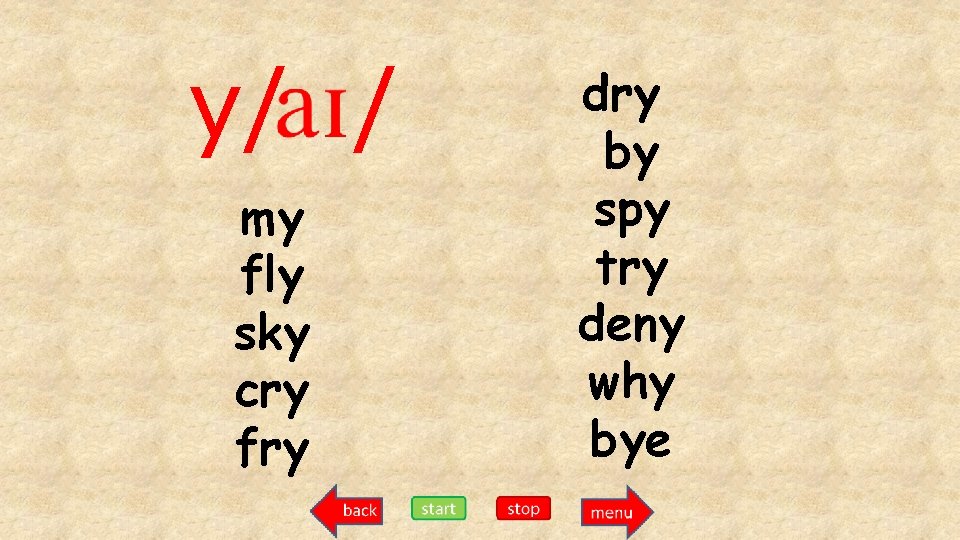 y/ / my fly sky cry fry dry by spy try deny why bye