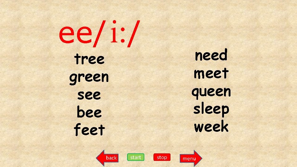 ee/ / tree green see bee feet need meet queen sleep week 