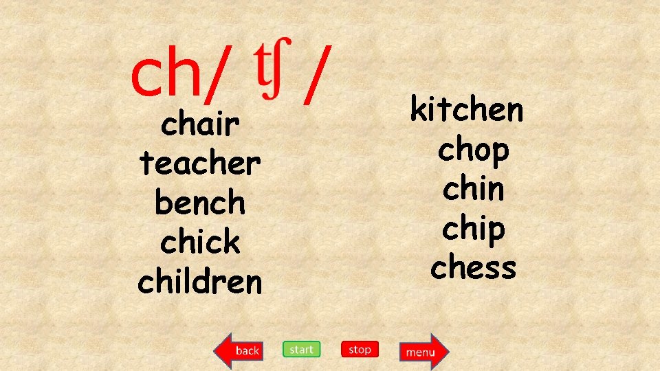ch/ chair teacher bench chick children / kitchen chop chin chip chess 