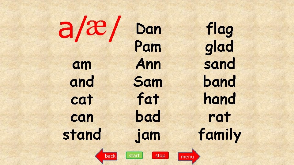 a/ / am and cat can stand Dan Pam Ann Sam fat bad jam