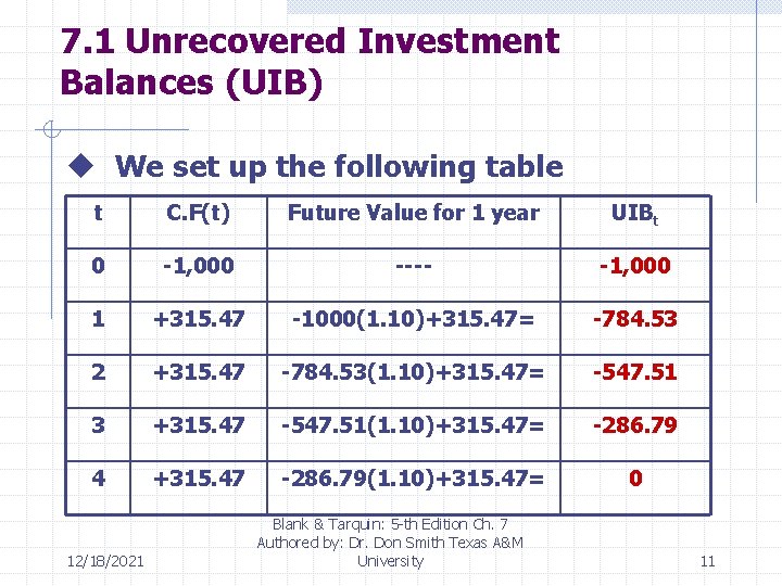 7. 1 Unrecovered Investment Balances (UIB) u We set up the following table t