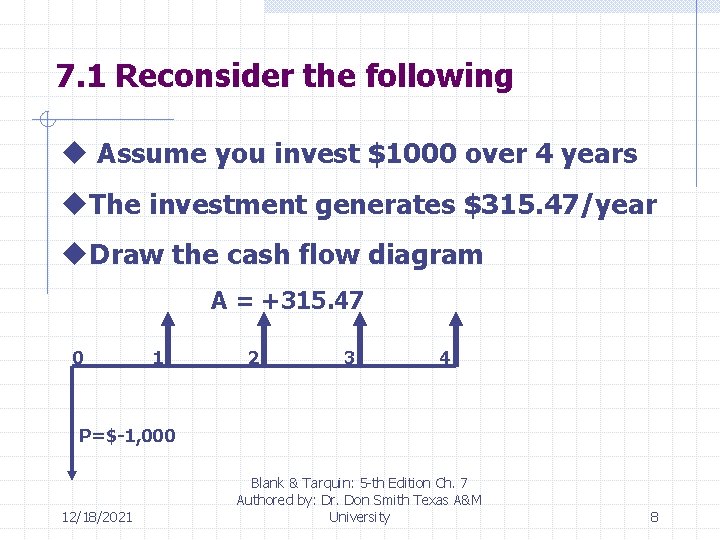 7. 1 Reconsider the following u Assume you invest $1000 over 4 years u.