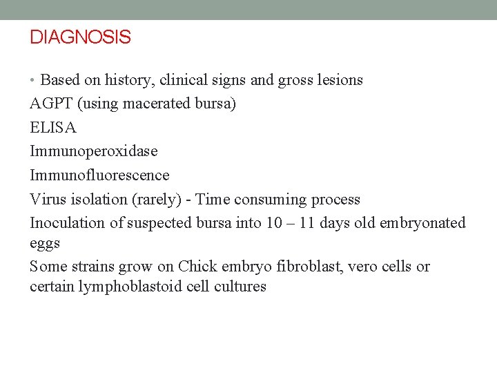 DIAGNOSIS • Based on history, clinical signs and gross lesions AGPT (using macerated bursa)