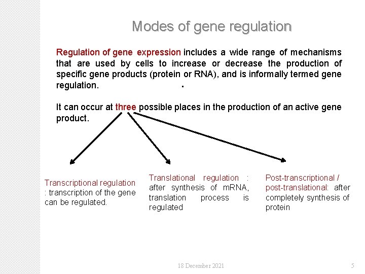 Modes of gene regulation Regulation of gene expression includes a wide range of mechanisms