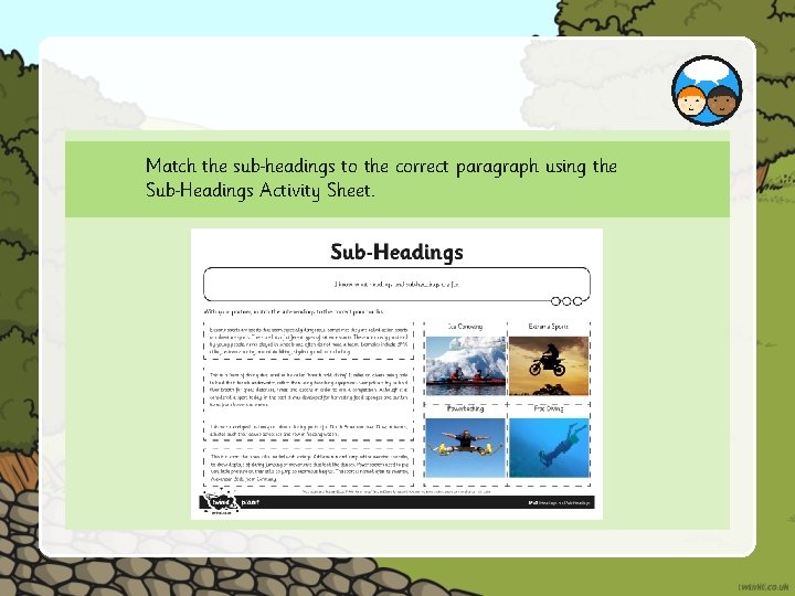 Match the sub headings to the correct paragraph using the Sub Headings Activity Sheet.