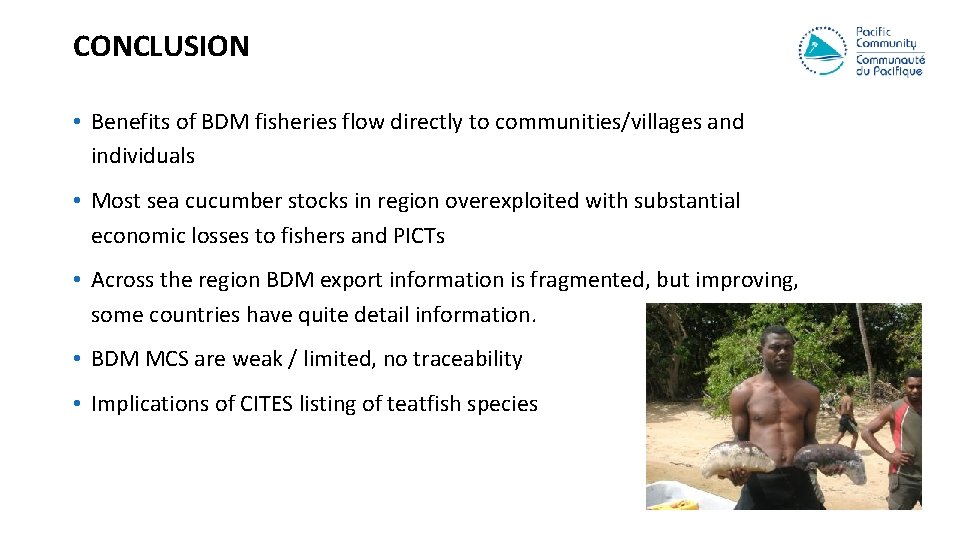 CONCLUSION • Benefits of BDM fisheries flow directly to communities/villages and individuals • Most