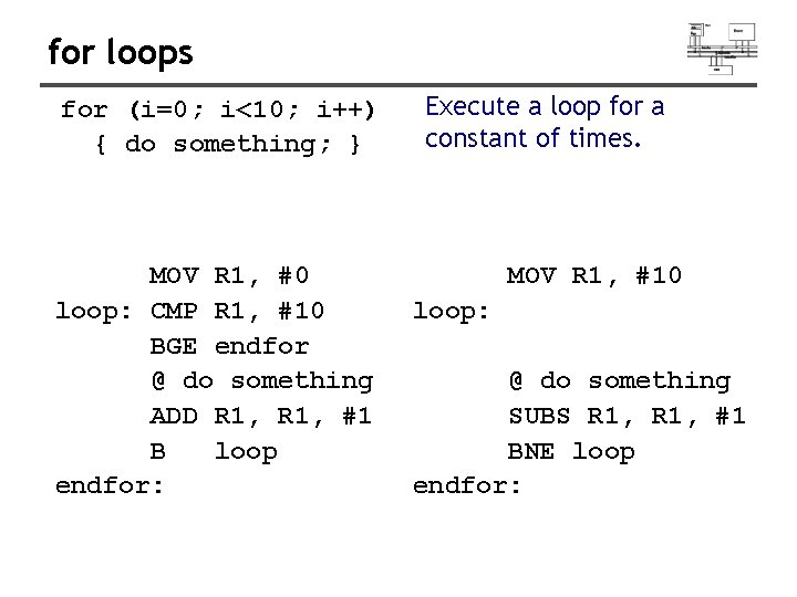 for loops for (i=0; i<10; i++) { do something; } MOV R 1, #0