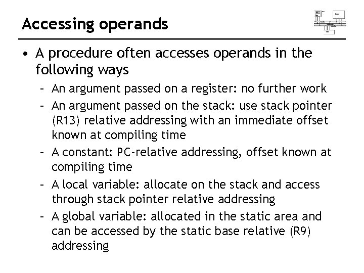 Accessing operands • A procedure often accesses operands in the following ways – An