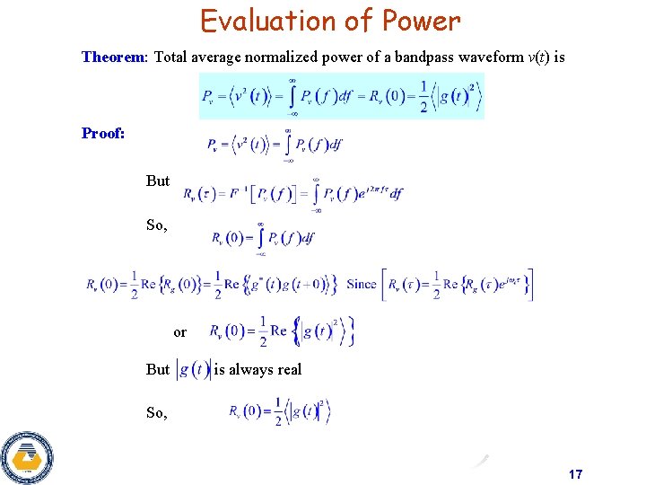 Evaluation of Power Theorem: Total average normalized power of a bandpass waveform v(t) is
