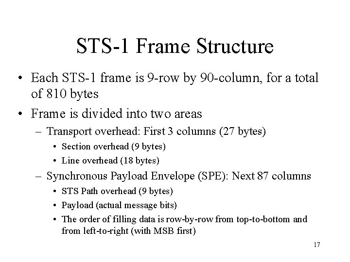 STS-1 Frame Structure • Each STS-1 frame is 9 -row by 90 -column, for