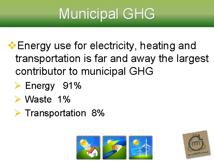 Municipal GHG v. Energy use for electricity, heating and transportation is far and away