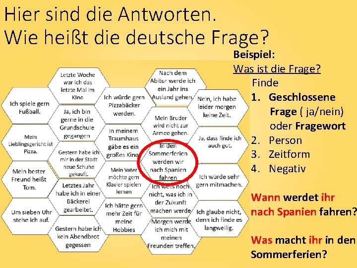 Hier sind die Antworten. Wie heißt die deutsche Frage? Beispiel: Was ist die Frage?