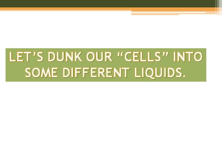 LET’S DUNK OUR “CELLS” INTO SOME DIFFERENT LIQUIDS. 