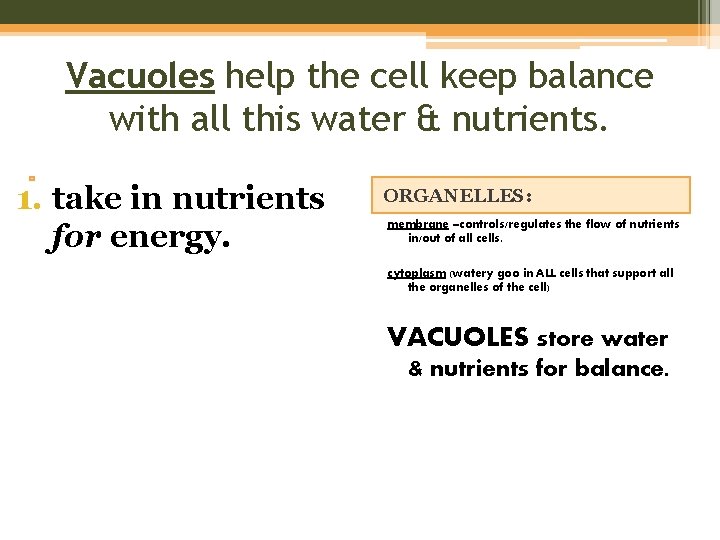 Vacuoles help the cell keep balance with all this water & nutrients. 1. take