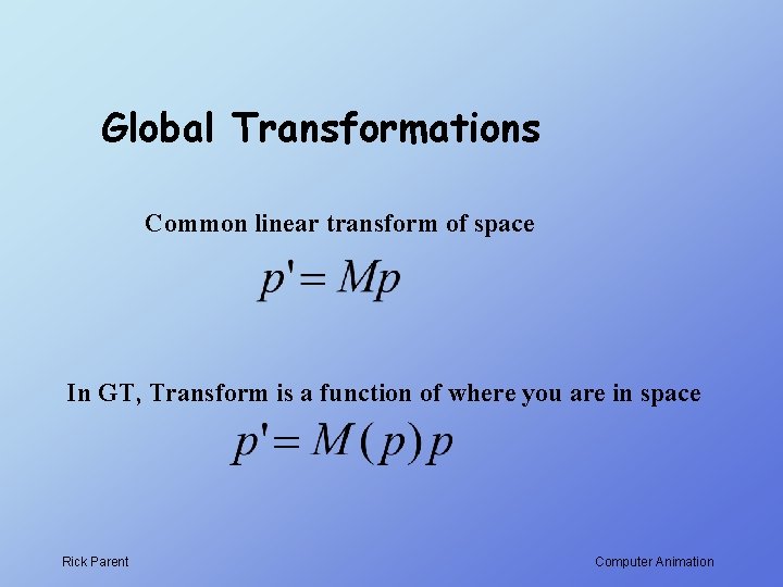 Global Transformations Common linear transform of space In GT, Transform is a function of Global Transformations Common linear transform of space In GT, Transform is a function of