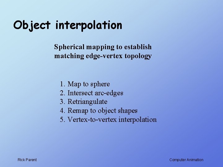 Object interpolation Spherical mapping to establish matching edge-vertex topology 1. Map to sphere 2. Object interpolation Spherical mapping to establish matching edge-vertex topology 1. Map to sphere 2.