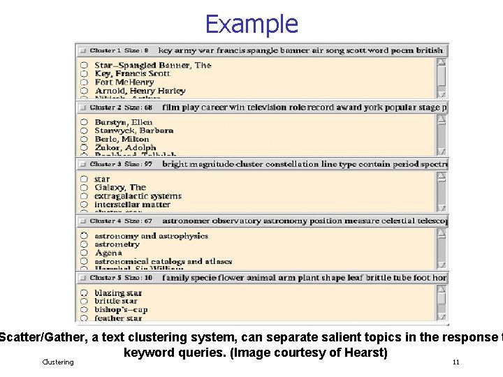 Example Scatter/Gather, a text clustering system, can separate salient topics in the response t