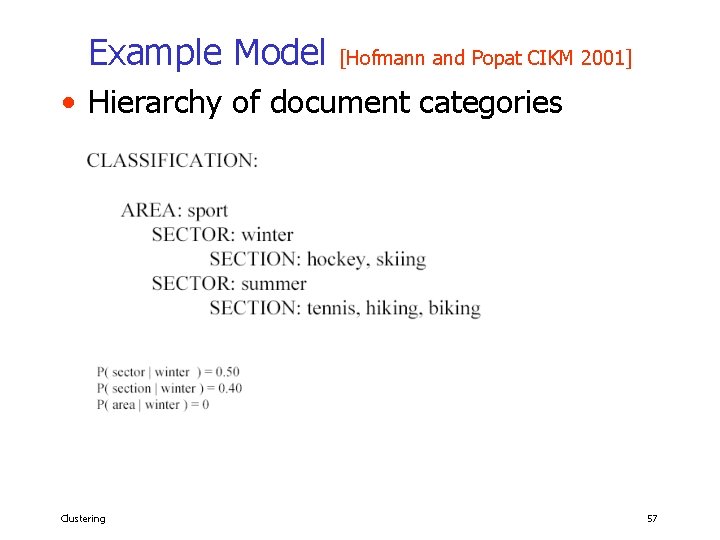 Example Model [Hofmann and Popat CIKM 2001] • Hierarchy of document categories Clustering 57