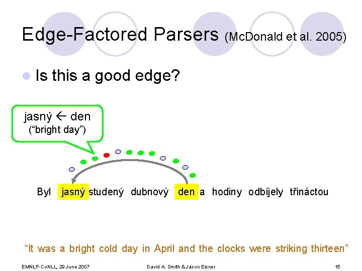 Edge-Factored Parsers (Mc. Donald et al. 2005) l Is this a good edge? jasný