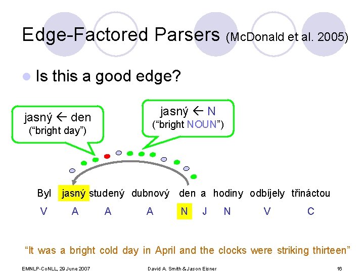 Edge-Factored Parsers (Mc. Donald et al. 2005) l Is this a good edge? jasný