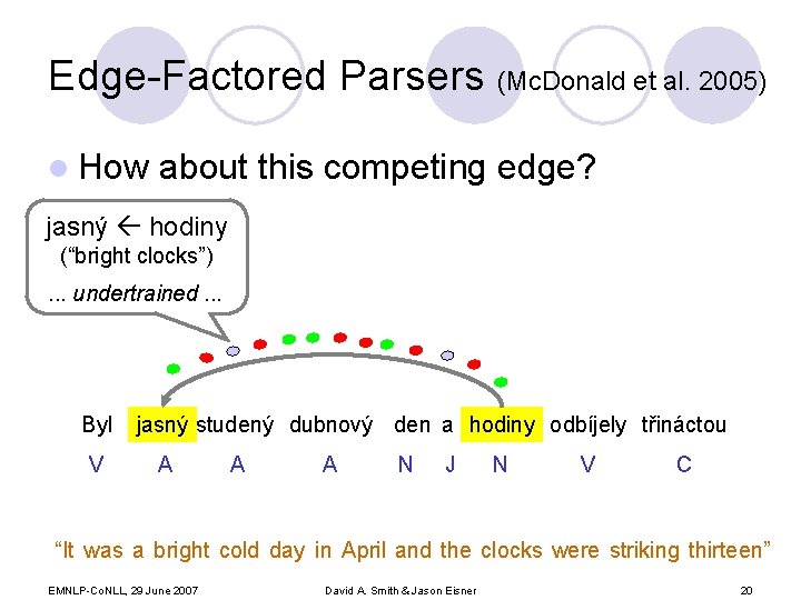 Edge-Factored Parsers (Mc. Donald et al. 2005) l How about this competing edge? jasný