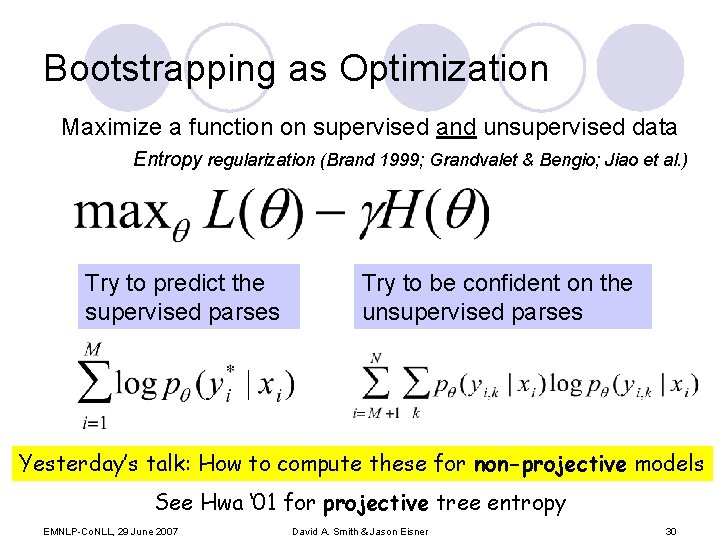 Bootstrapping as Optimization Maximize a function on supervised and unsupervised data Entropy regularization (Brand