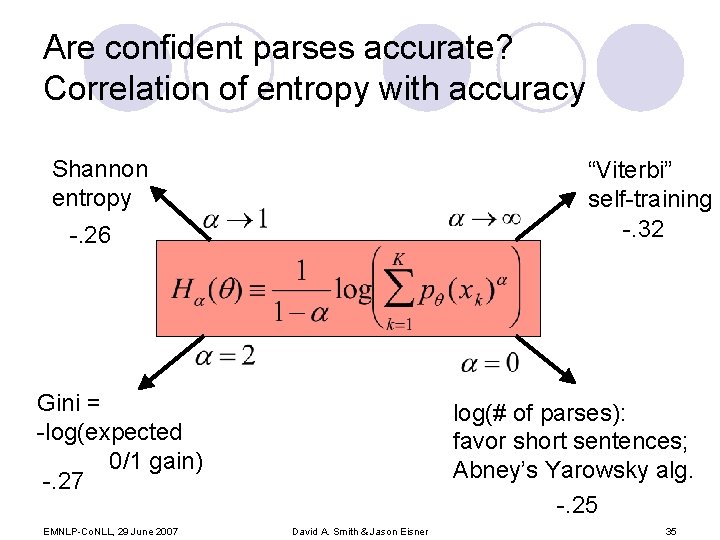 Are confident parses accurate? Correlation of entropy with accuracy Shannon entropy “Viterbi” self-training -.