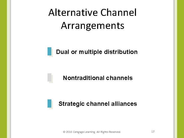 Alternative Channel Arrangements Dual or multiple distribution Nontraditional channels Strategic channel alliances © 2016