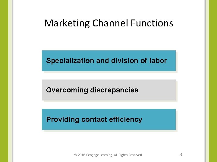 Marketing Channel Functions Specialization and division of labor Overcoming discrepancies Providing contact efficiency ©