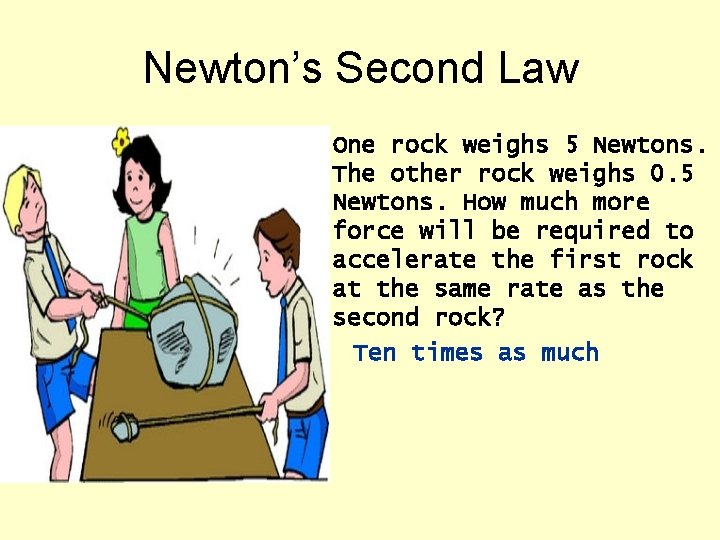 Newton’s Second Law One rock weighs 5 Newtons. The other rock weighs 0. 5