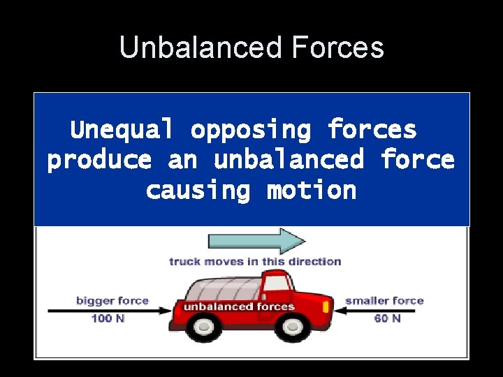 Unbalanced Forces Unequal opposing forces produce an unbalanced force causing motion 