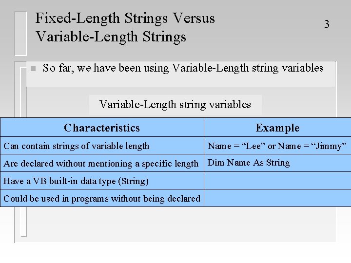 Fixed-Length Strings Versus Variable-Length Strings n 3 So far, we have been using Variable-Length Fixed-Length Strings Versus Variable-Length Strings n 3 So far, we have been using Variable-Length