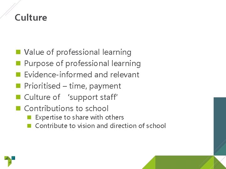 Culture Value of professional learning Purpose of professional learning Evidence-informed and relevant Prioritised –